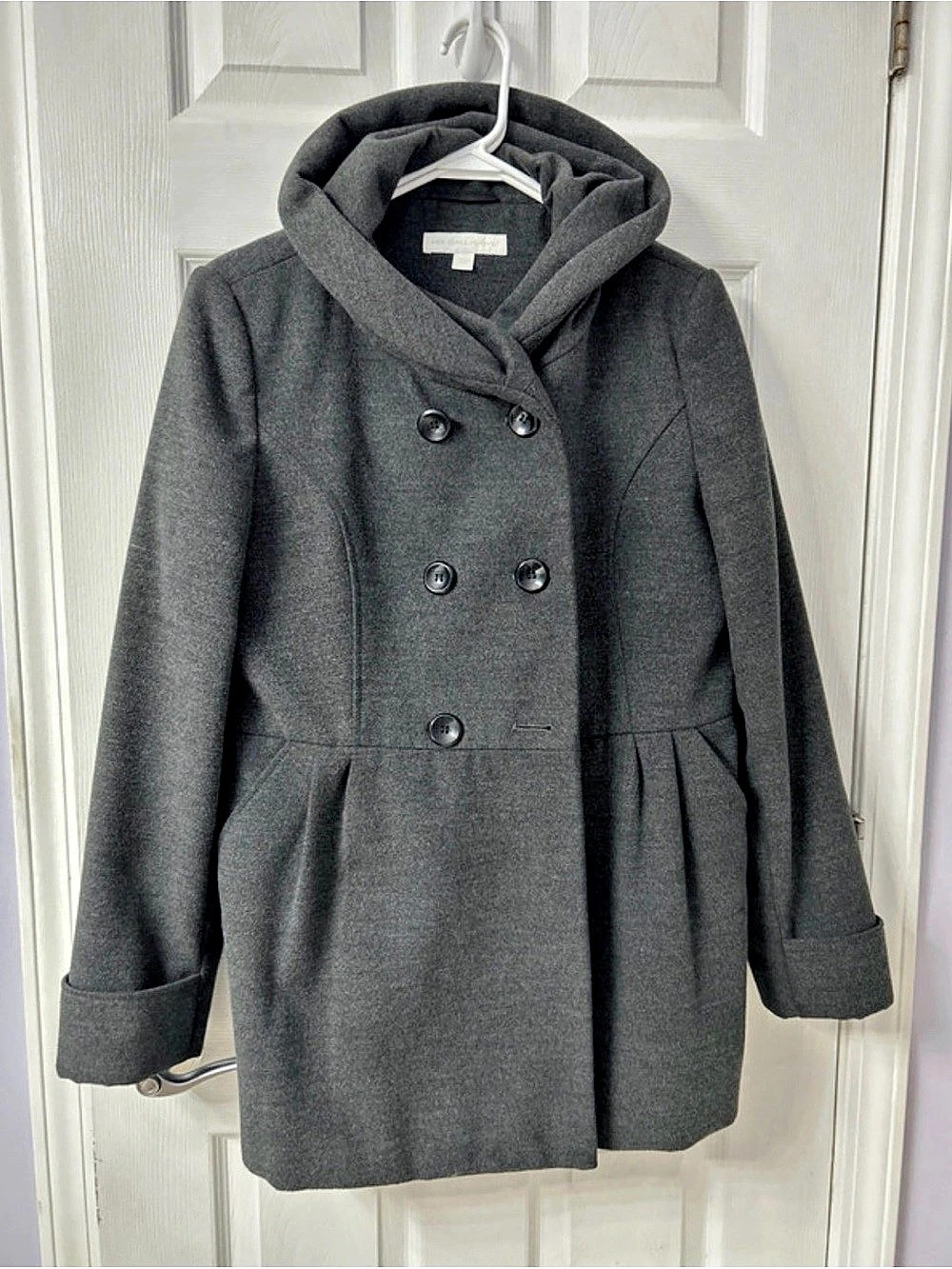 New York & Company Double-Breasted Hooded Pea Coat in Gray Large